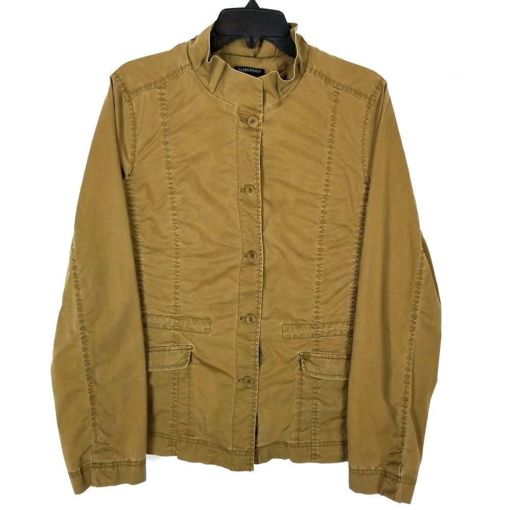 Eileen Fisher Women Light Jacket Size L Cotton Blend Button Front  Brown Pockets